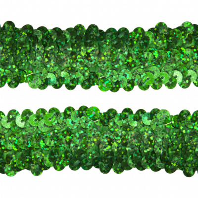 Тесьма с пайетками D4, шир. 30 мм/уп. 25+/-1 м, цвет зелёный - купить в Магнитогорске. Цена: 1 087.39 руб.
